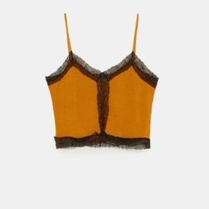 Zara mustard yellow camisole top with black lace trim (M)